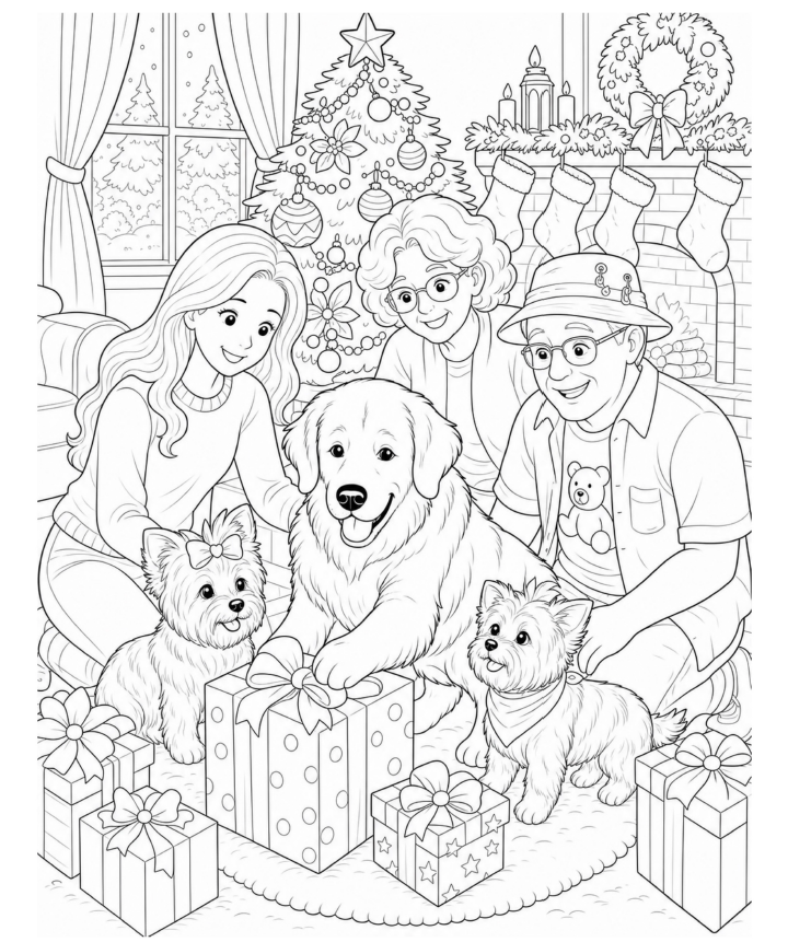 Personalized Christmas coloring-book illustration of grandparents, their granddaughter, a golden retriever, and two small dogs gathered beside gifts and a Christmas tree