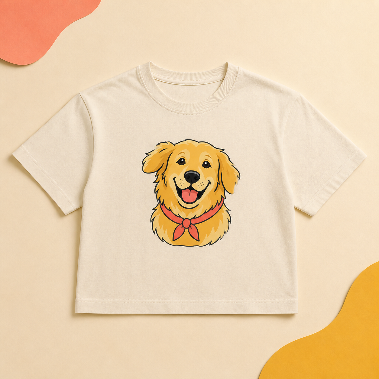 Warm ivory Golden Merch boxy tee with a smiling golden retriever illustration