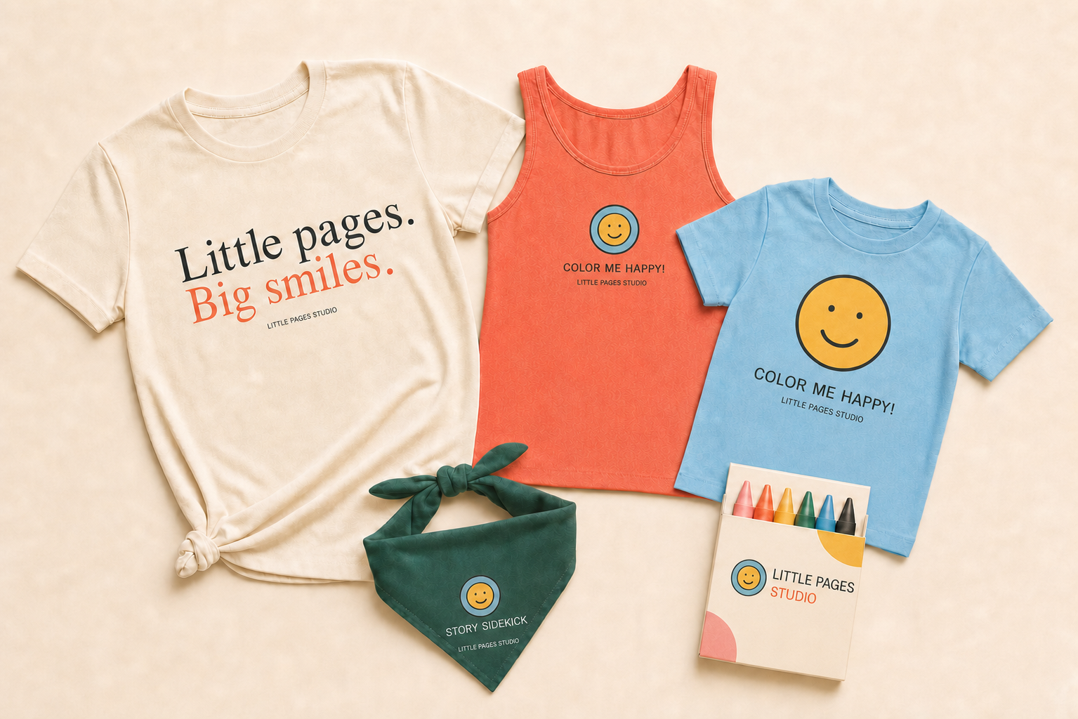 A preview of Little Pages Studio shirts, pet accessories, and crayons