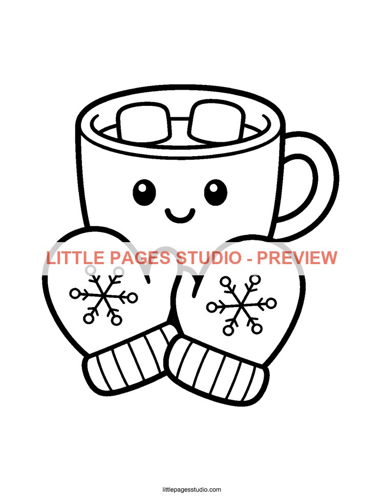 Watermarked preview of Mittens & Cocoa coloring page