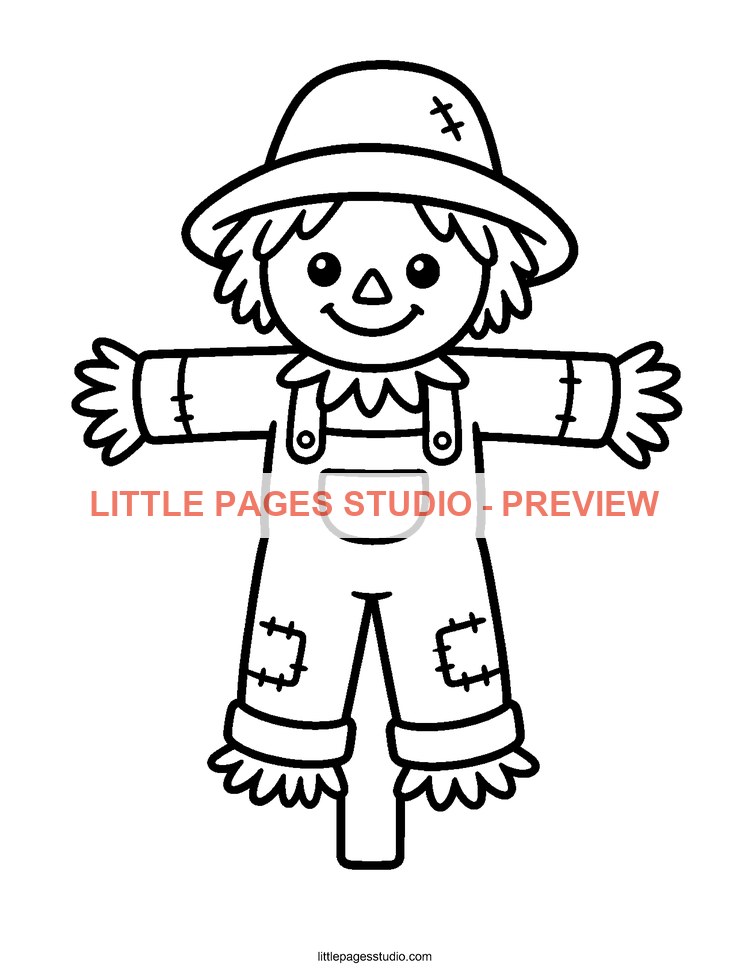 Watermarked preview of Friendly Scarecrow coloring page