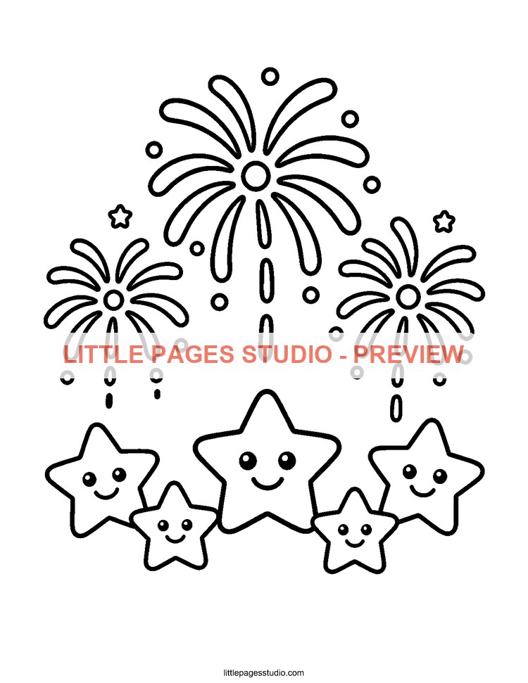 Watermarked preview of Fireworks & Stars coloring page